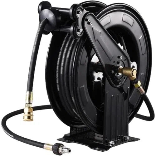Carrete de manguera retráctil automático resistente de 15 m para lavadora a presión, acero duradero, ideal para aplicaciones de agua, aire y aceite, solución de almacenamiento eficiente