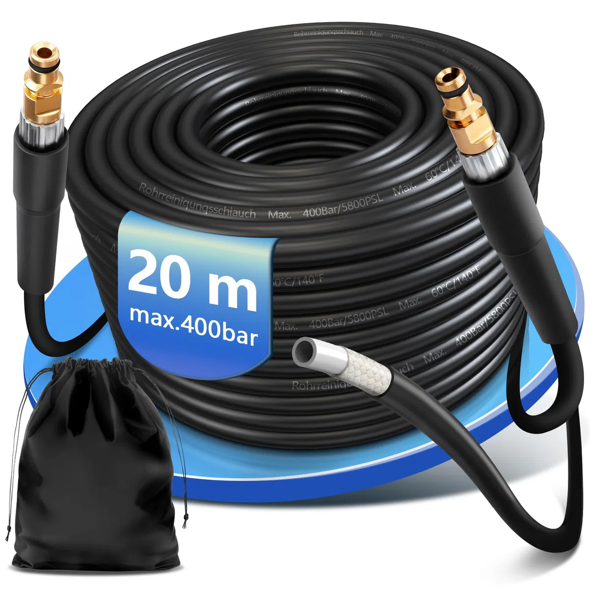 Manguera de limpieza de tuberías de 20 m, 3 capas de aramida trenzado + poliuretano + PE, 400 bar, 60 °C, juego de limpieza de tuberías adecuado para Kränzle Kärcher K2 K3 K4 K5 K6 K7 limpiador de
