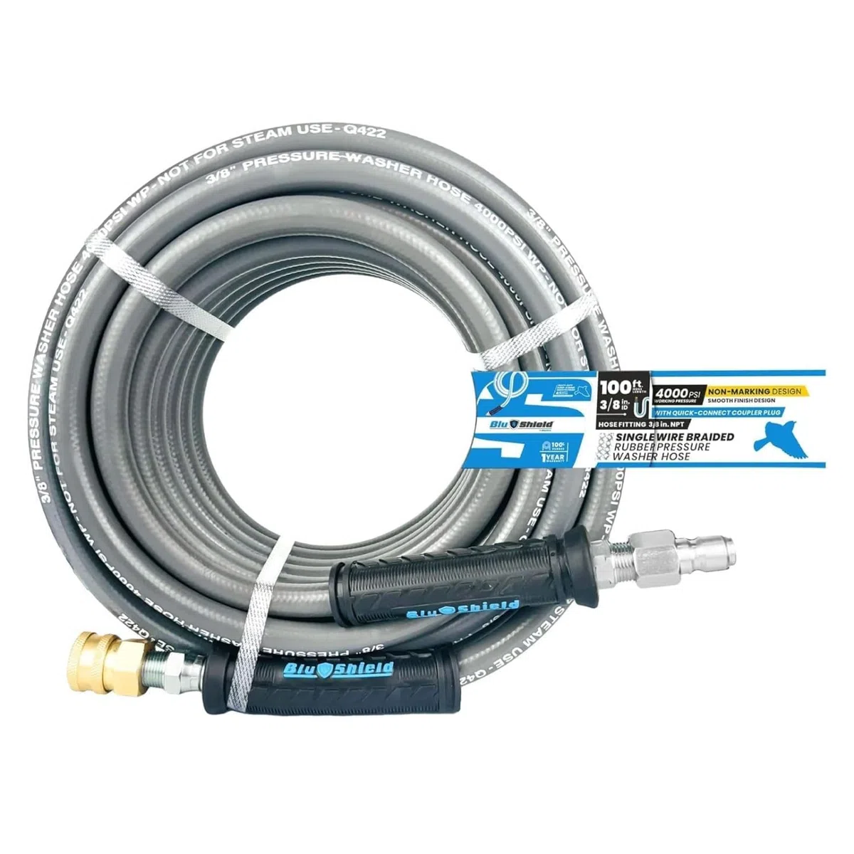 BluShield Manguera de lavado a presión con NPT de 3/8 pulgadas, agua fría y caliente, sin marcas, alambre de acero de alta resistencia, 4000 PSI (enchufe de pareja de 3/8 pulgadas x 100 pies sin