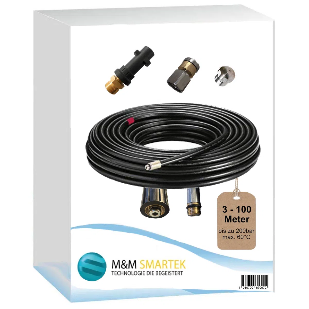 M&M Smartek manguera desatascadora 8 m boquilla rígida + giratoria, 200 bar | Kit desatascador con manguera, adaptadores y boquillas según variante; comprobar conexiones, presión, contenido y equipo.