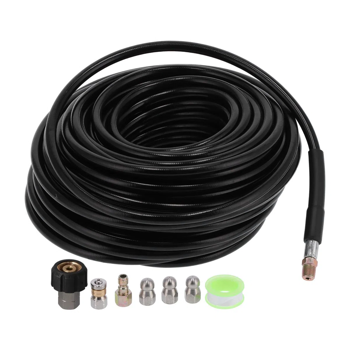 FTVOGUE Kit de Chorro de Alcantarillado para Lavadora a Presión, Manguera de Limpieza de Drenaje de Goma de PVC de 100 Pies, 5800 PSI con Boquillas de 3 Botones y Boquilla Giratoria para Drenaje