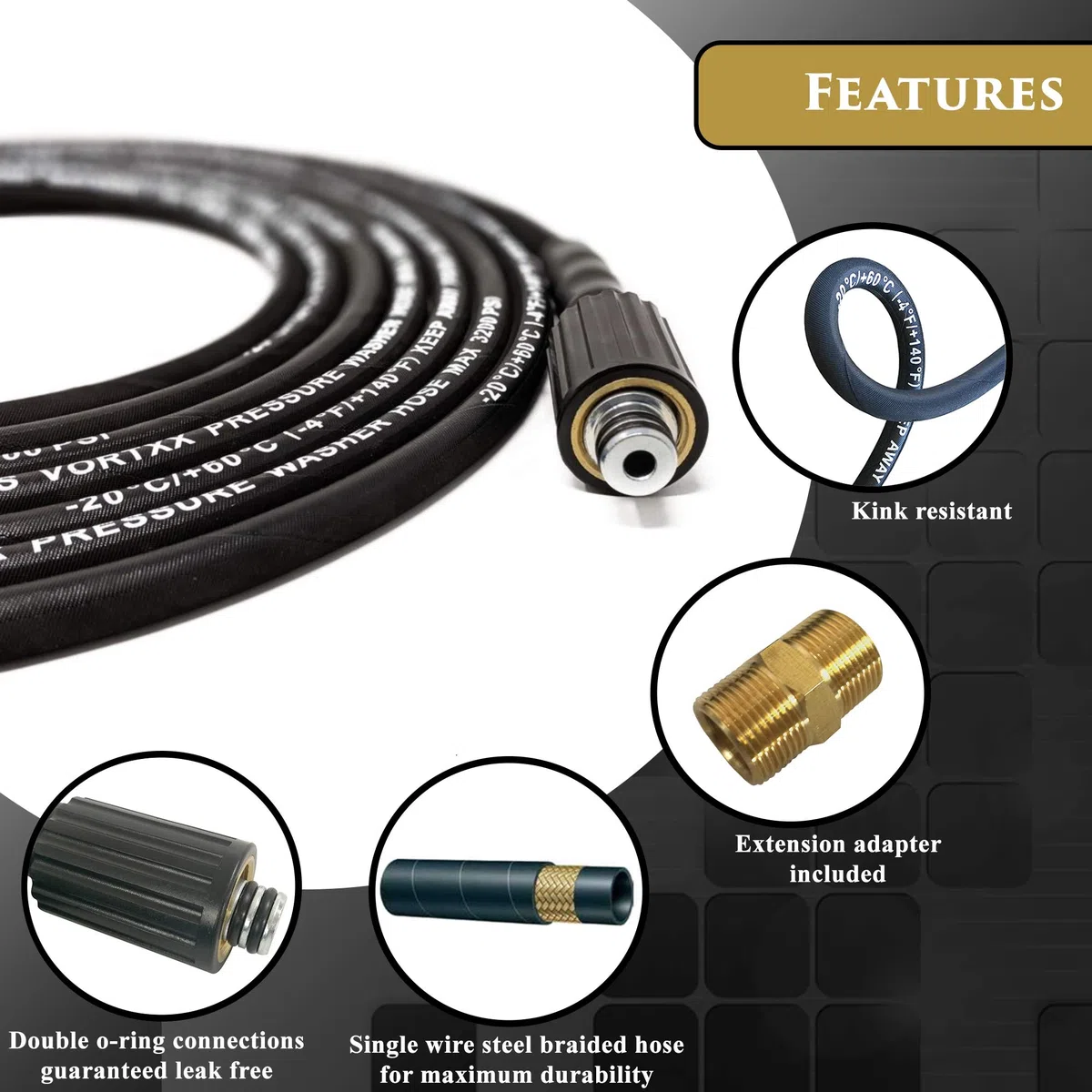 Manguera de extensión resistente para lavadora a presión de 1/4 pulgadas x 20 pies para Sun Joe SPX Series, SPX-25HD y SPX3000-33 de repuesto, M22-15 mm, 3200 PSI flexible resistente a las