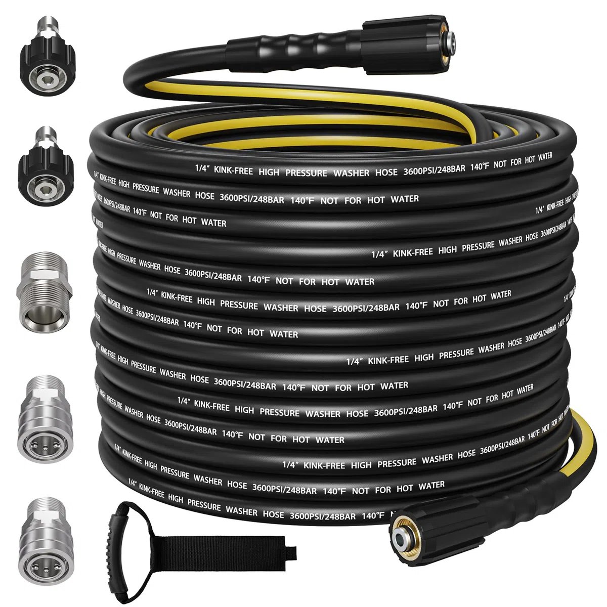 Manguera flexible de 50 pies para lavadora a presión de 1/4 pulgadas, 3600 PSI, manguera de repuesto sin torceduras con kit de conexión rápida, accesorios M22-14 mm y 3/8 pulgadas para