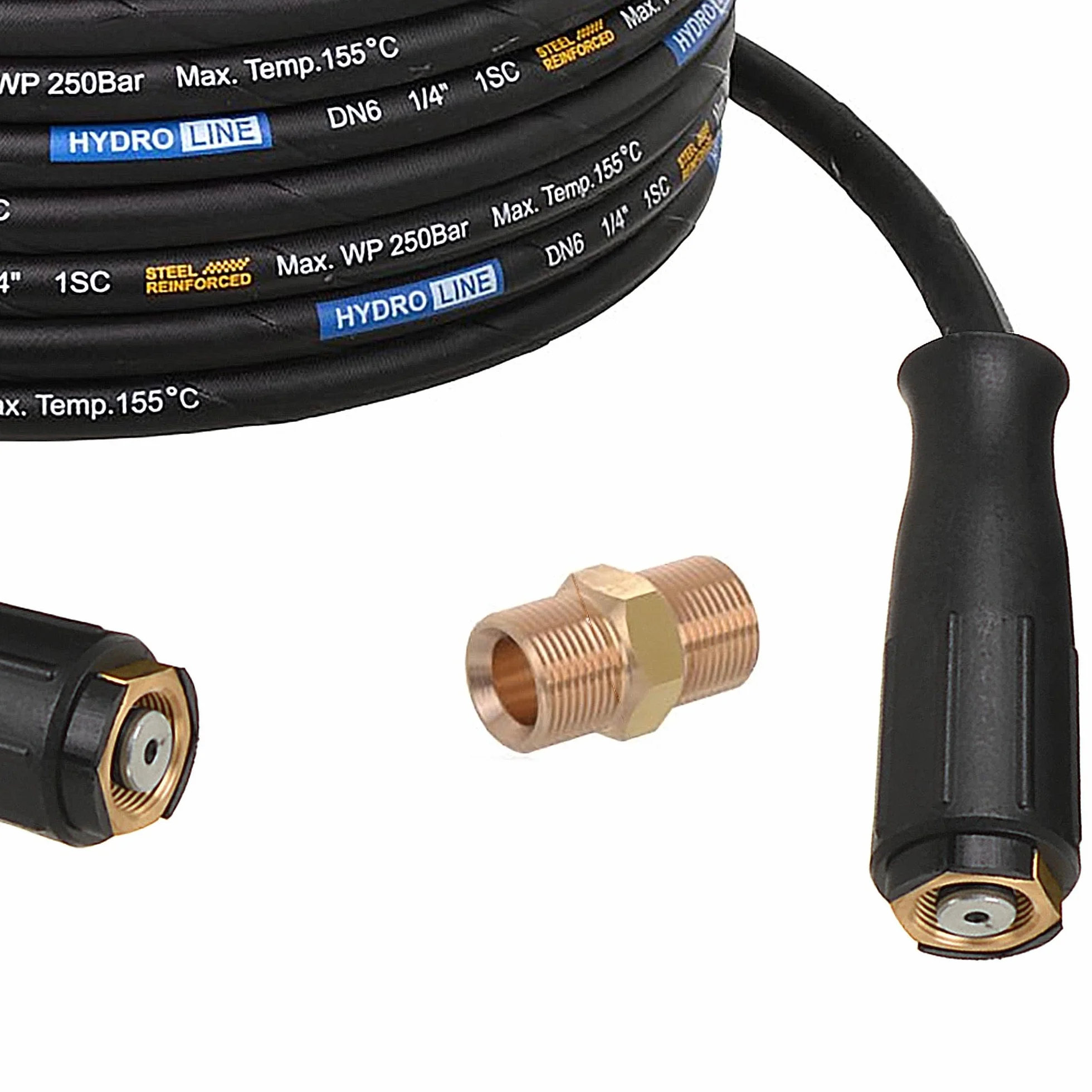 TECHKAR Manguera para Hidrolimpiadora + Manguera de Goma con Malla Trenzada de Acero - Compatible con Kärcher Wap Alto Kränzle y Otras W Rosca Macho M22-250bar Tuerca de Unión M22 Protección 10 m