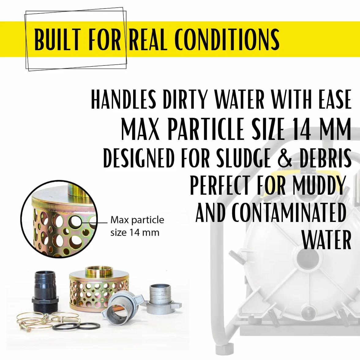 ✦ WASPPER WP20D-P ✦ Bomba de Agua Sucia De Uso Rudo & Portable con Tasa de Flujo de 30 000 l/hr ✦ Elevación de Agua de 28 m ✦ 3 600 RPM Motor de Gasolina de 4 Tiempos y Accesorios incluidos