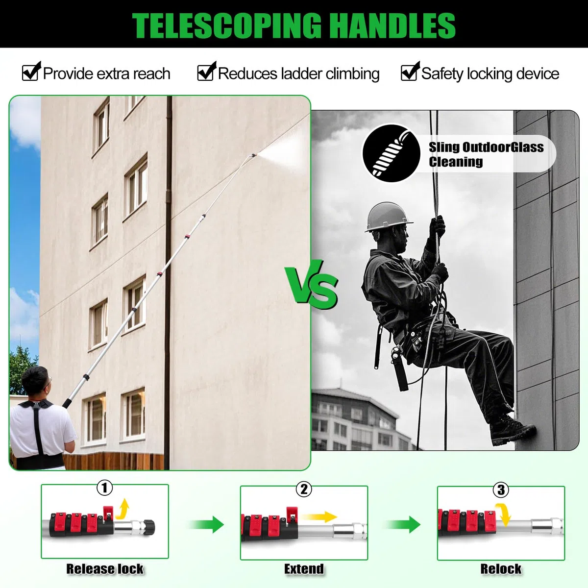 Varita telescópica de lavado a presión de 24 pies, equipo de limpieza de techo, herramientas de limpieza de canalones con accesorio de poste de extensión de arandela, cinturón de soporte de metal