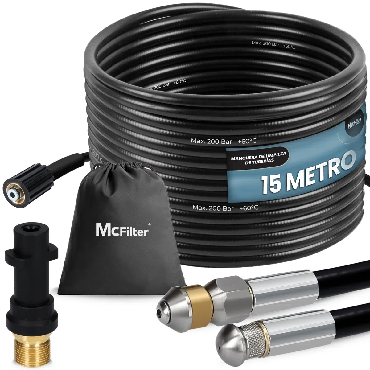 Manguera para limpieza de tuberías, 15m, 160-200 bar, incl. adaptador, boquillas rígidas + giratorias, compatible con las limpiadoras de alta presión Karcher K2, K3, K4, K5, K6, K7