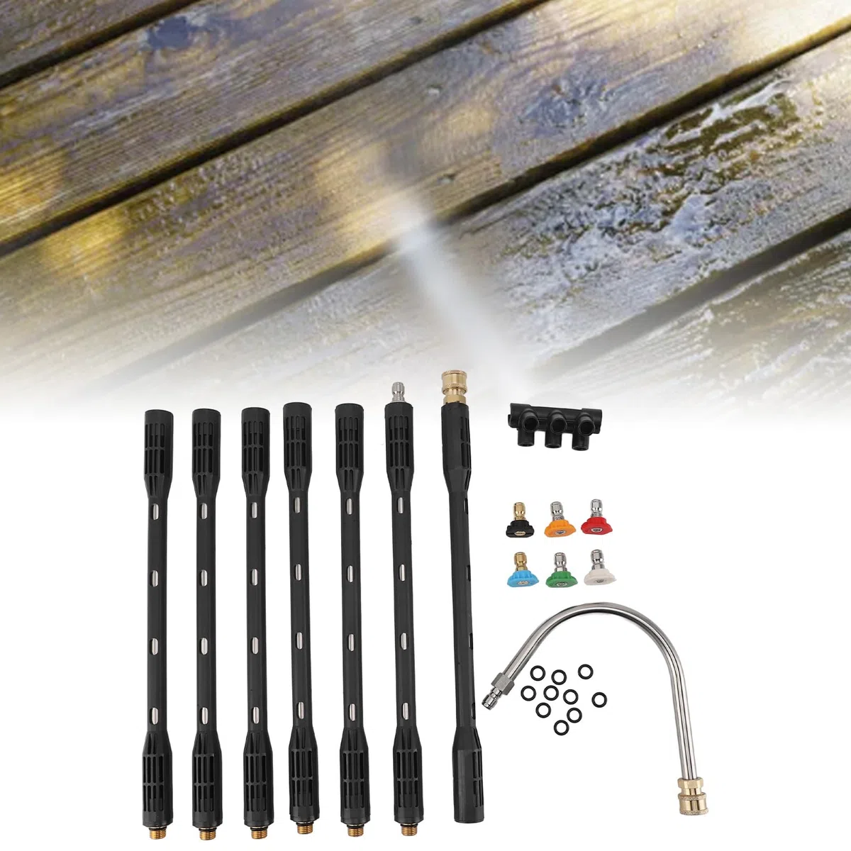Lanza de Lavado a Presión de Acero Inoxidable, Varilla de Extensión con Carcasa Negra, Longitud Ajustable, Ideal para Entradas, Cubiertas, Techos, con Lanza de Lavado a Presión