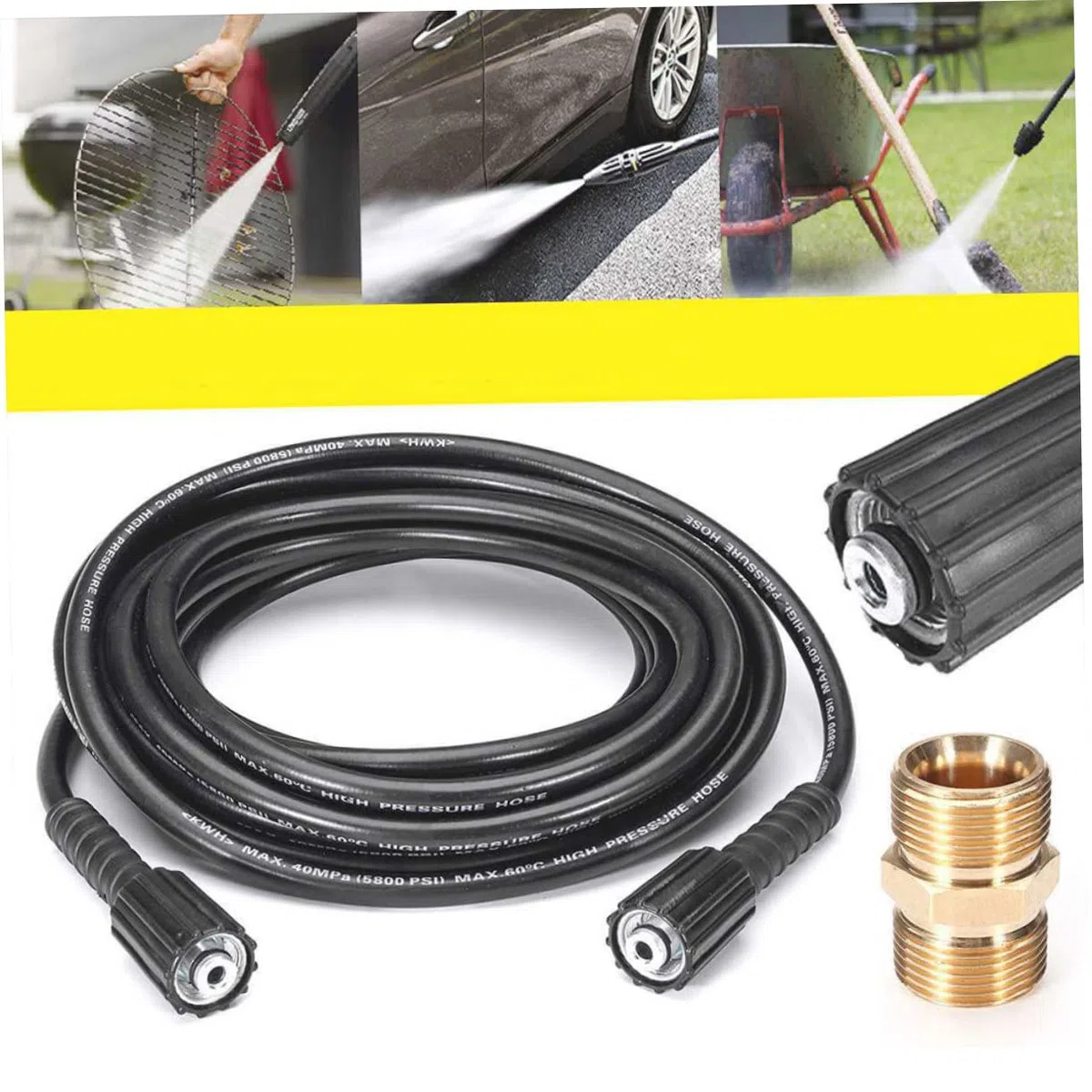 Happyyami Manguera para Hidrolimpiadora de Alta Presión de Goma, Doble Extremo, Conexión Hembra 22 Mm-14/15, para Lavado de Autos Agua Fría
