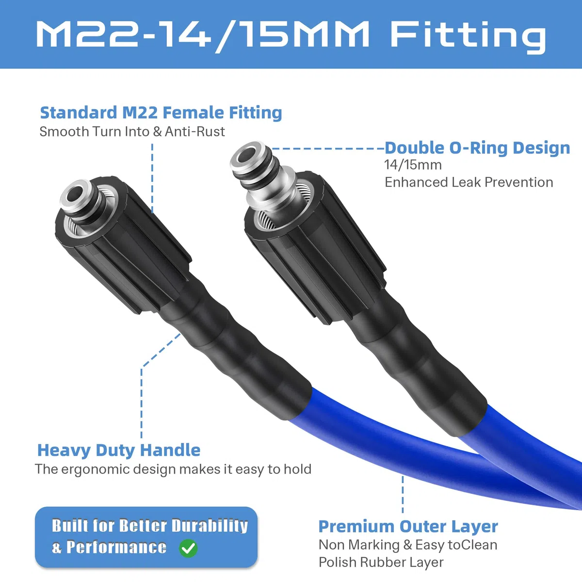 Manguera de lavado a presión resistente a torceduras de 1/4 pulgadas de 50 pies, repuesto de manguera de lavadora eléctrica de 3600 PSI (M22-14 mm) con adaptador de conexión rápida de 3/8