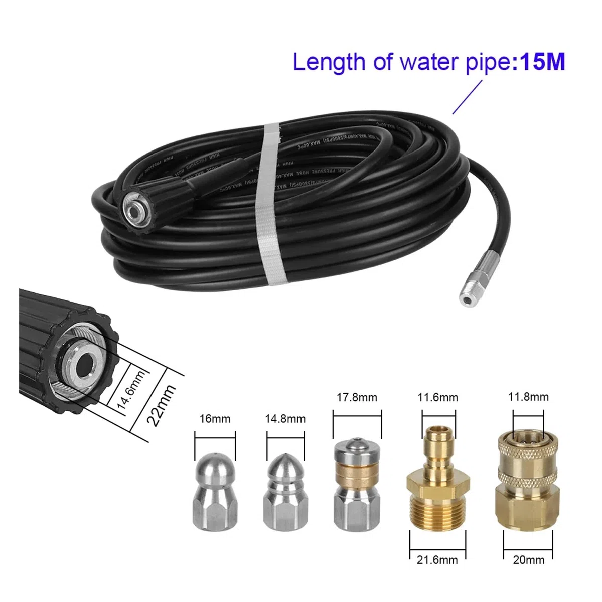 VNE Boquillas de Lavadora de Alta presión for Coche, 5800PSI, 400bar, Manguera de 15m, Adaptador M22 de 1/4 ", Tubo de extensión de Limpieza, Kit Diario de Chorro de alcantarillado