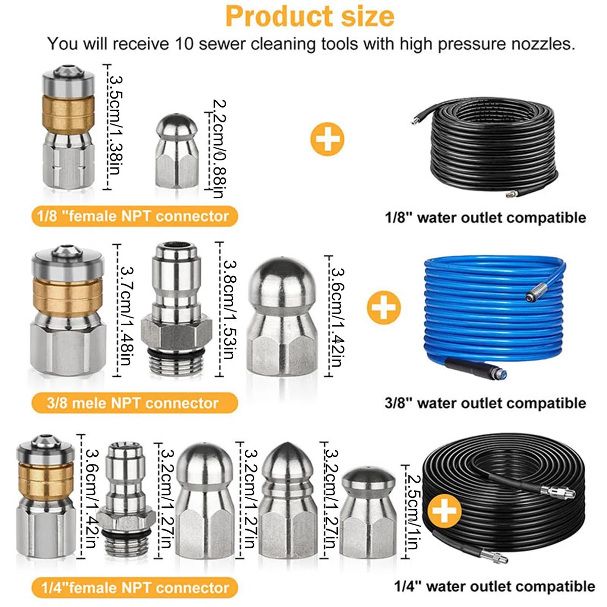 Boquilla Limpiadora de Alcantarillado con Puntas y Conectores | Kit de 10 boquillas desatascadoras para chorreadora de alcantarillado para Baño, Hogar, Cocina, Garaje, Parking y Suelos