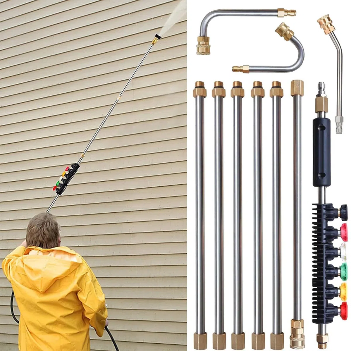 Varilla telescópica para hidrolimpiadora, varilla de extensión para canalones | Juego de varilla de extensión para arandela - Barra de limpieza de canalones 4000PSI conector de 1/4 de pulgada