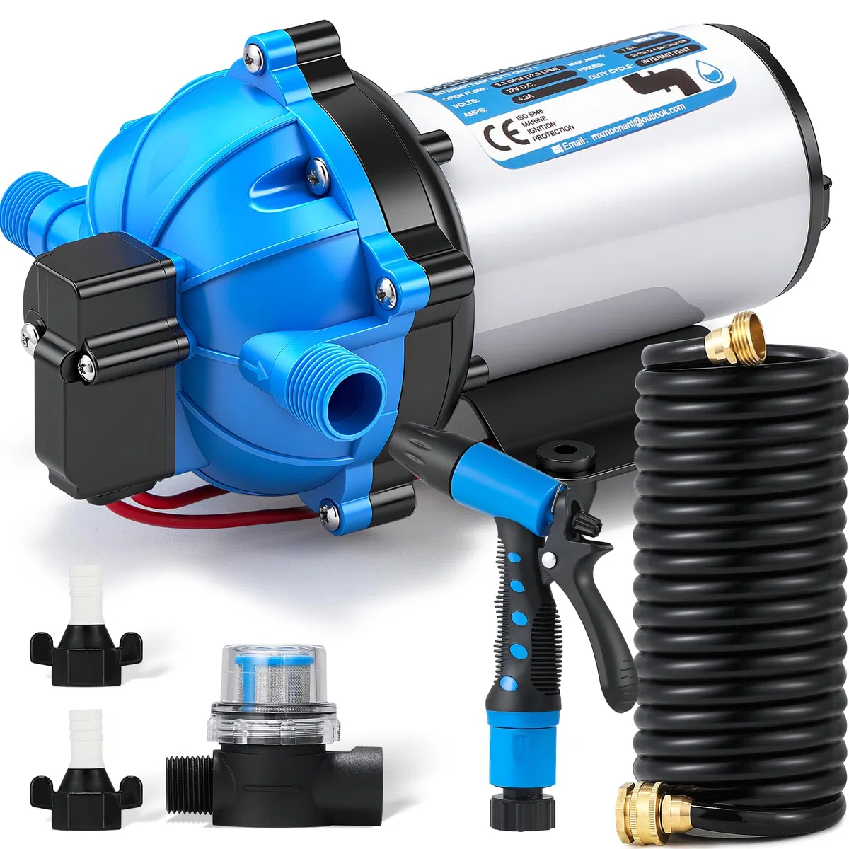 Mxmoonant Kit de Bomba de Lavado 12V, 20LPM, 4.8BAR, 5-Cámara, Bomba de Diafragma Autocebante con Manguera Enrollada de 6m, Boquilla de Rociado, para RV, Barco, Camper