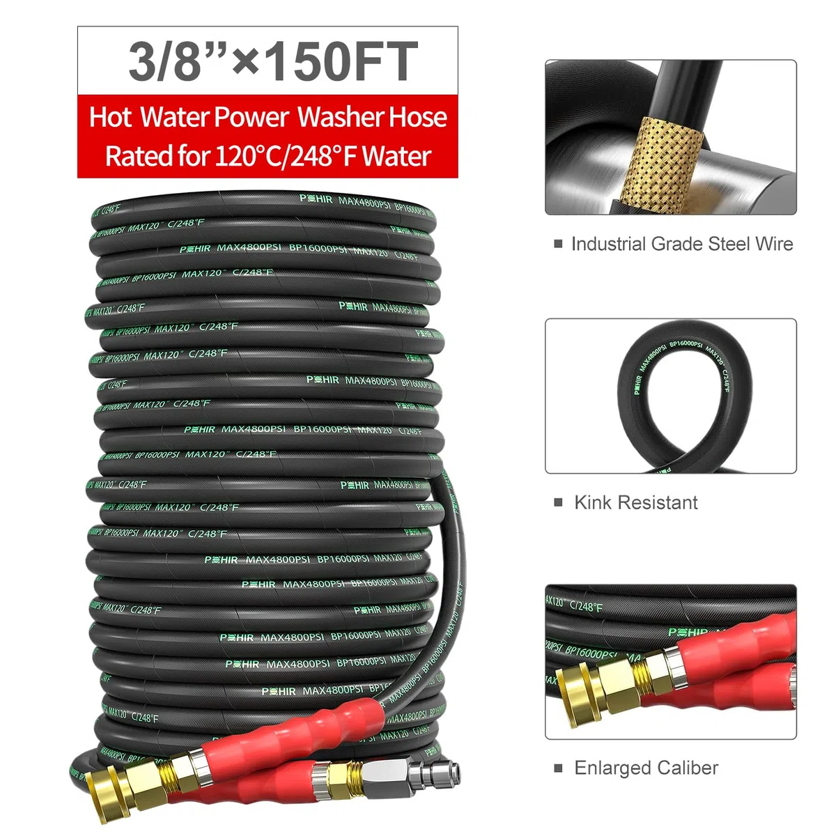 POHIR Manguera de lavado a presión de 3/8 pulgadas, 150 pies, 3800 psi, resistente a torceduras, alambre trenzado de alta resistencia, manguera de lavado eléctrico, agua fría y caliente, máximo 120.0
