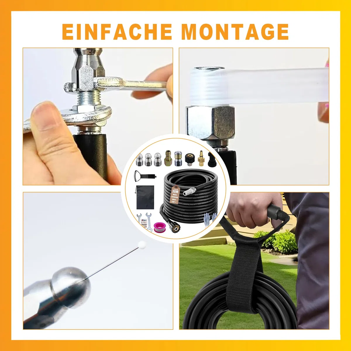 Juego de manguera universal para limpieza de tuberías de 30 m, para limpiadores de alta presión, 5800 PSI/400 bar, incluye boquilla giratoria y boquilla de chorro compatible con Kärcher K2-K7, Bosch