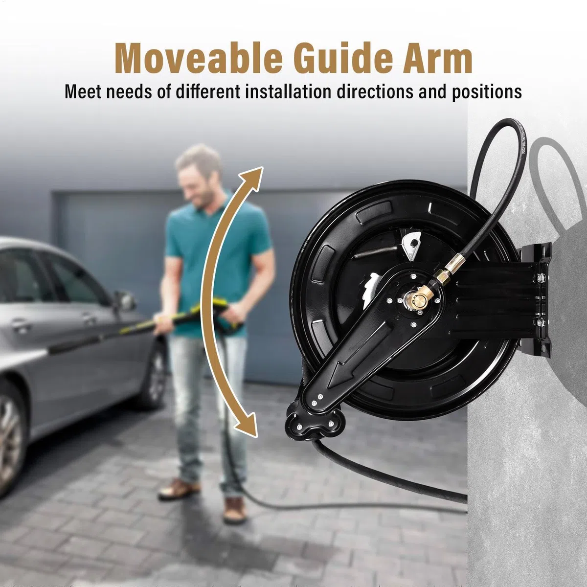 Enrollador De Manguera Para Hidrolavadora Resistente 4000 PSI Rebobinado | Manguera 15 mm X 15 m Brazo Doble Acero Alta Presión Montaje Pared Techo Suelo Para Riego Coche Mascotas Patio
