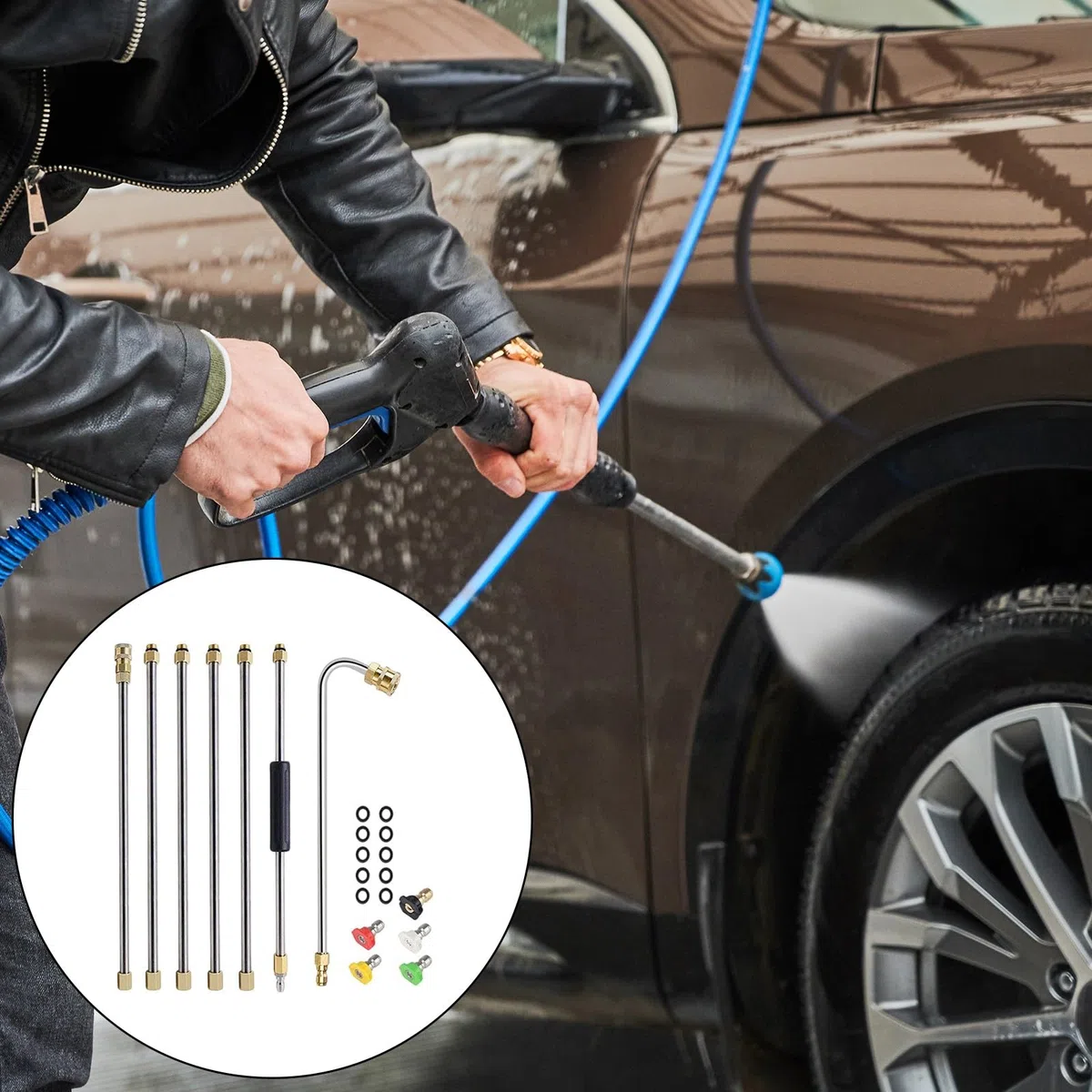 Kits de varita de extensión de lavadora de alta presión con boquillas de 5 grados y lanzas de acero inoxidable con varilla curvada para coche