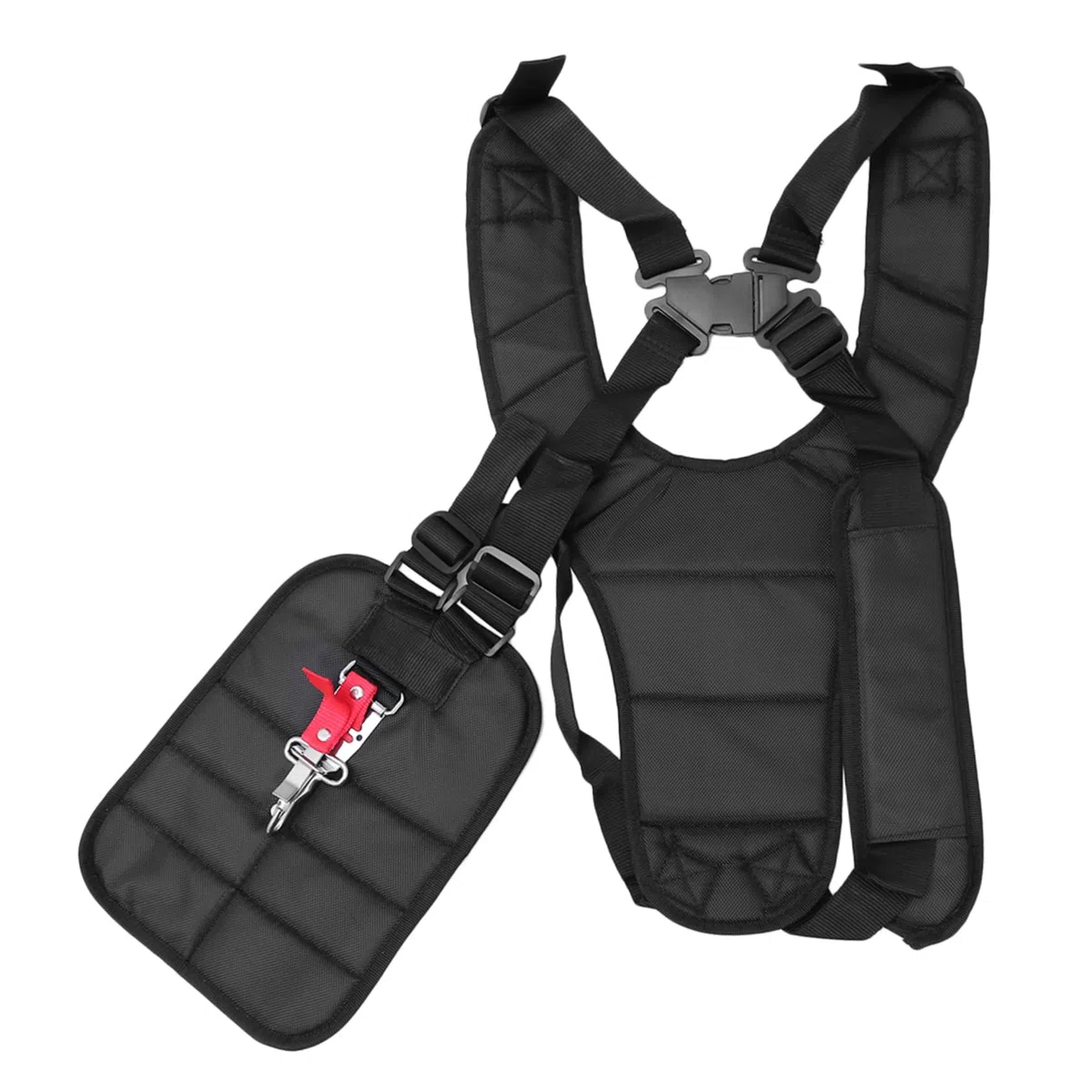 Correa para Desbrozadora de Hombro Doble Negra de Nylon Ajustable | Gancho de Transporte y Pinzas Incluidos, Banda de Cintura Regulable, para Brush Cutter y Grass Trimmer
