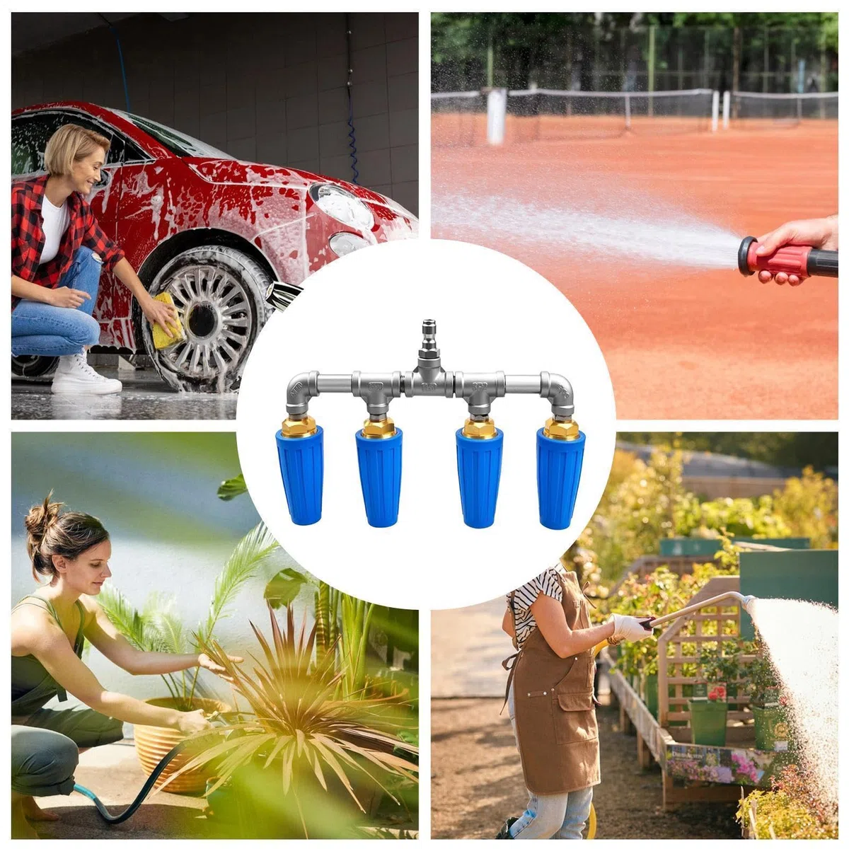 Boquilla Hidro Cuádruple de Acero Inoxidable Resistente al Óxido | Boquilla Manual para Manguera de Alta Presión Para LavadoCoches, Riego, Jardinería, Limpieza Patios,
