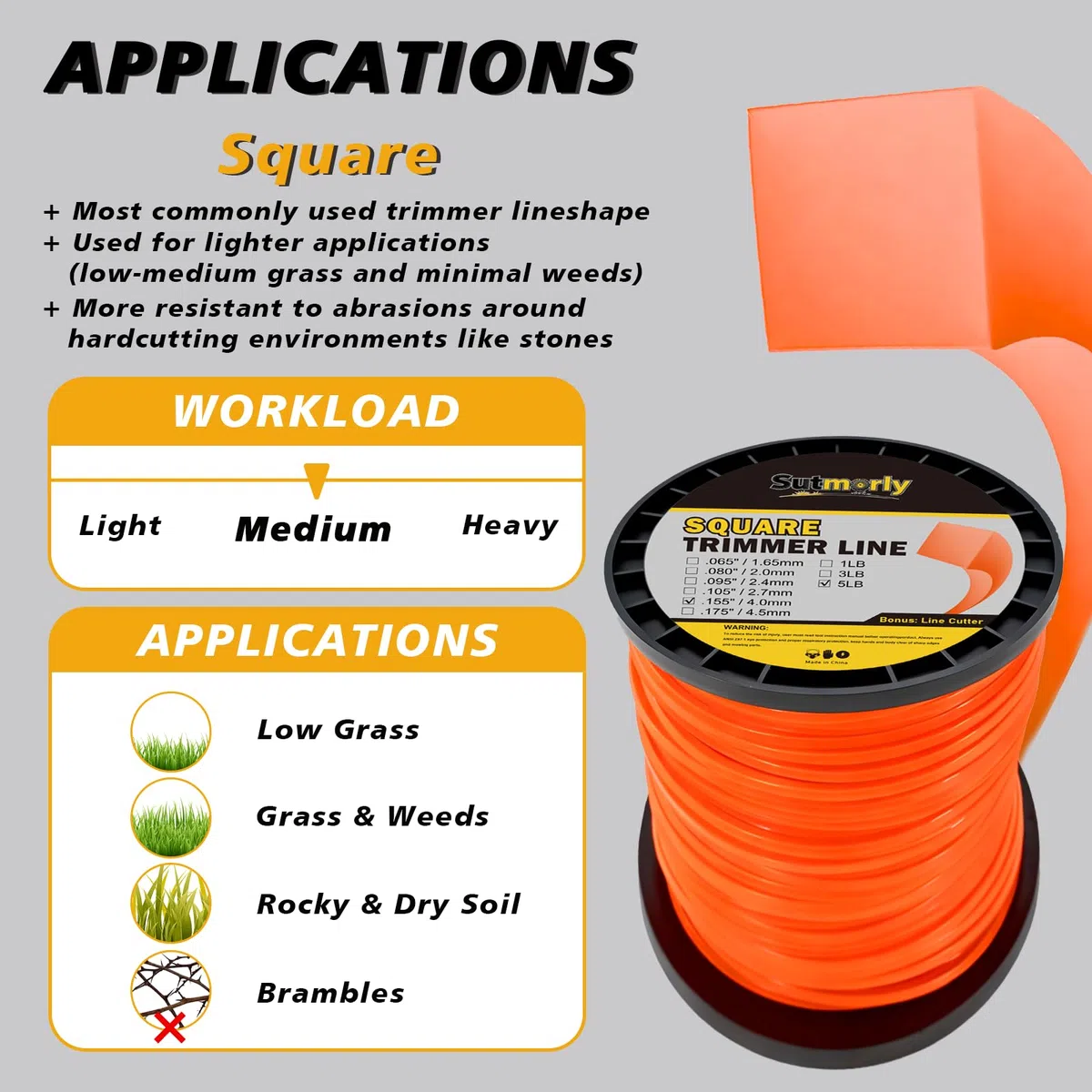 Turfson - Cuerda para recortadora de cuerda (0,095 pulgadas por 1765 pies, 5,5 libras, espiral de alta calidad en carrete, cable para recortadora de servicio pesado)