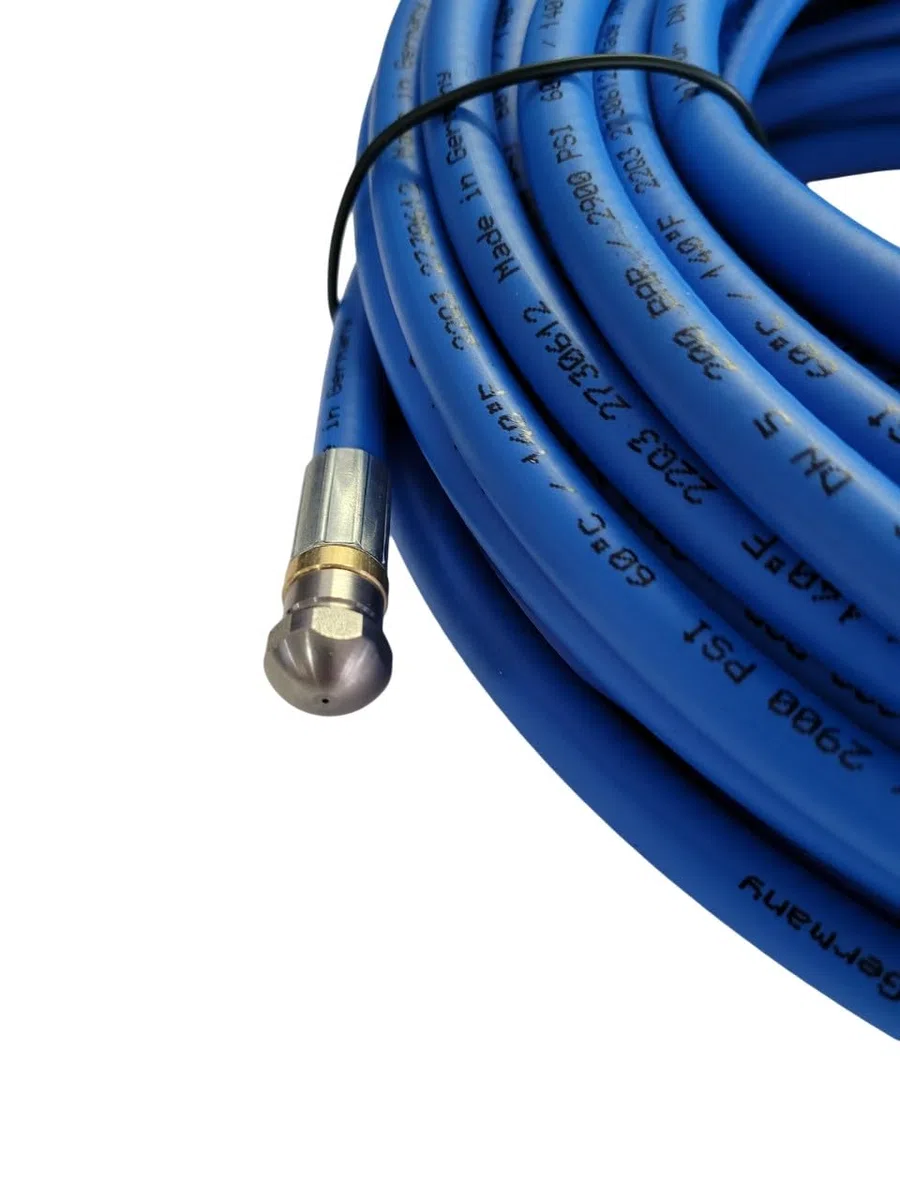 Manguera de limpieza de manguera azul compatible con lavadoras a presión Kränzle - Rosca macho M22 x 1,5 - Con boquilla de 4 vías RR - 3 en la parte posterior y 1 en la parte delantera - Presión