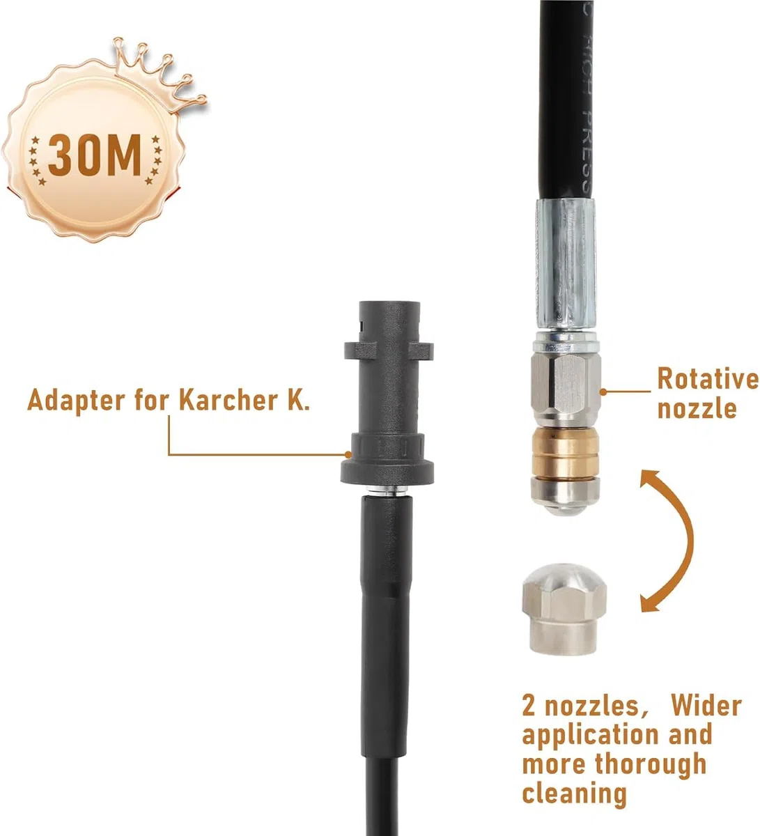 Gekufa Manguera Hidrolimpiadora 30m, 400 bar inkl. | Manguera Desatascador Tuberias Compatible con Kärcher, Lavor, Bosch , Adecuado para Limpiar Bajantes