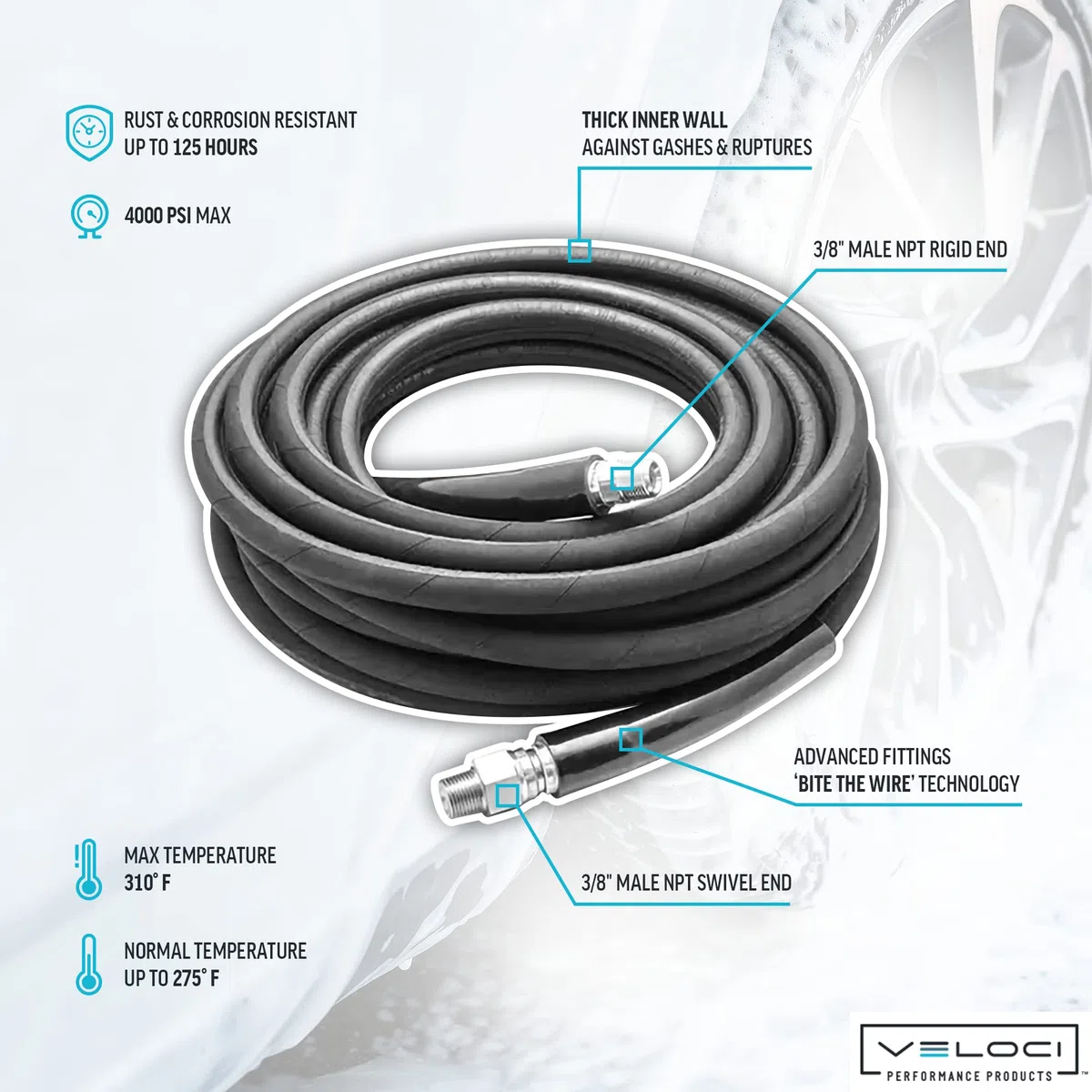 Mtm Hydro Kobrajet 4000 Psi 310 grados 100' manguera de lavado a presión negra 3/8"