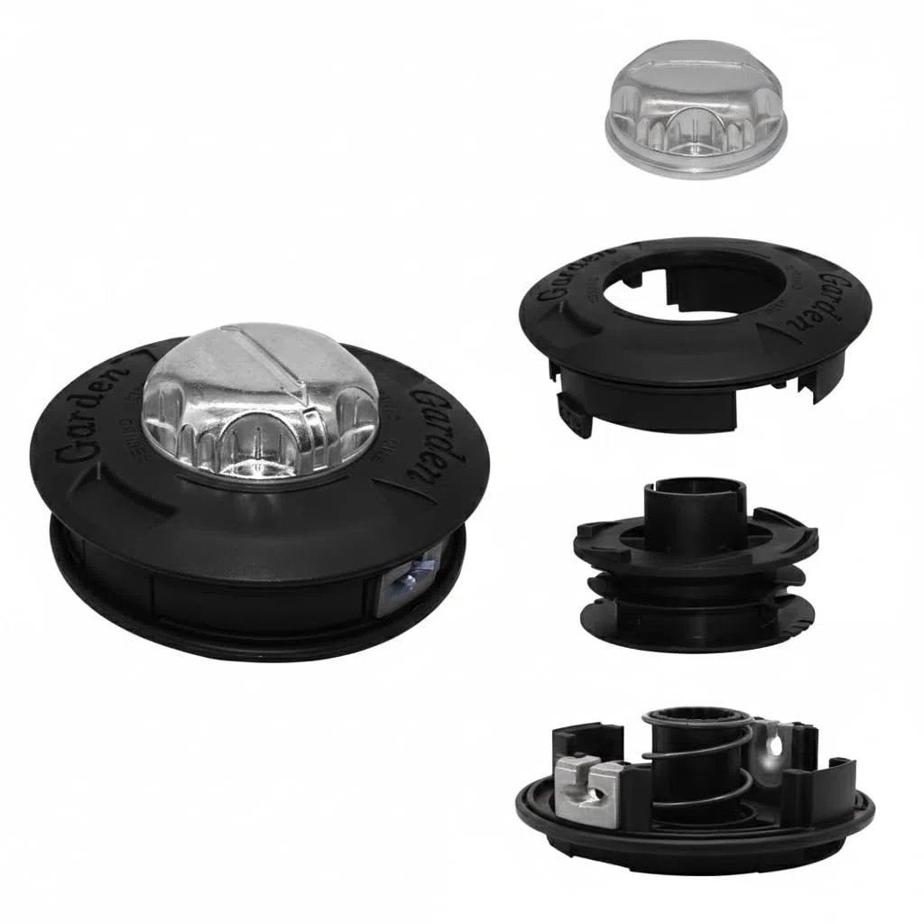 SHAYN Cabezales de desbrozadora universales M10 x 1,25 de repuesto para mano izquierda, cabezal de desbrozadora de gasolina de 2 líneas de alimentación de topes con línea de 15 m, 2,4 mm, carrete de