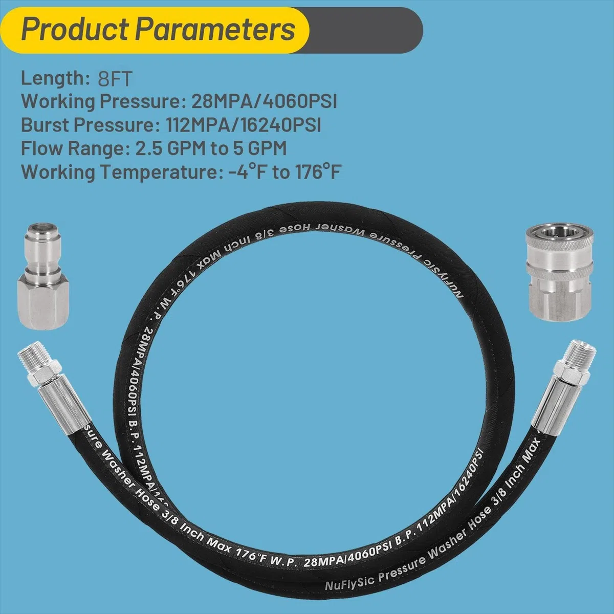 Manguera de lavado a presión, manguera de puente para lavado a presión, NPT de 3/8 pulgadas, conector de carrete de manguera de conexión rápida, 4000 PSI, 8 pies