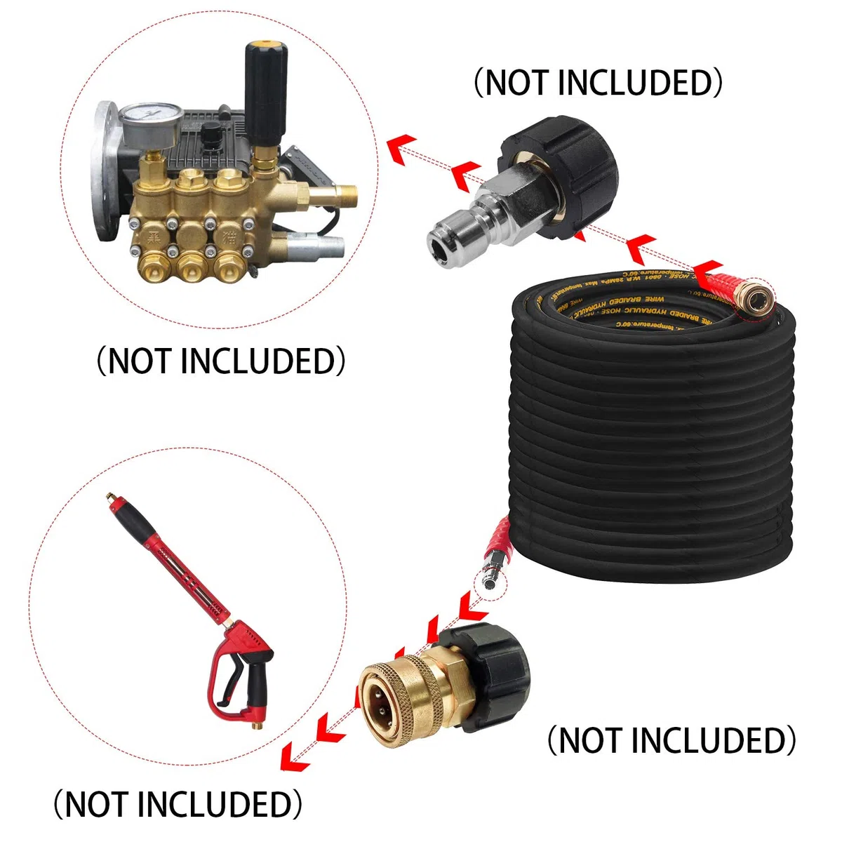 Hourleey Manguera de lavado a presión de 50 pies con conexión rápida de 3/8 pulgadas, manguera de lavadora eléctrica de alambre de alta resistencia, 4000 PSI