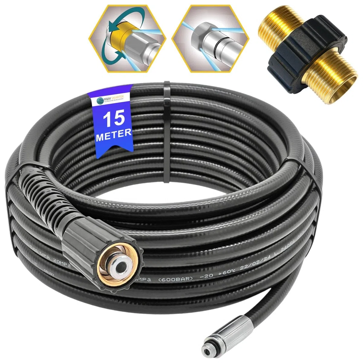 M&M Smartek manguera tuberías 15 m M22, boquilla rígida + giratoria | Kit desatascador con manguera, adaptadores y boquillas según variante; comprobar conexiones, presión, contenido y equipo.