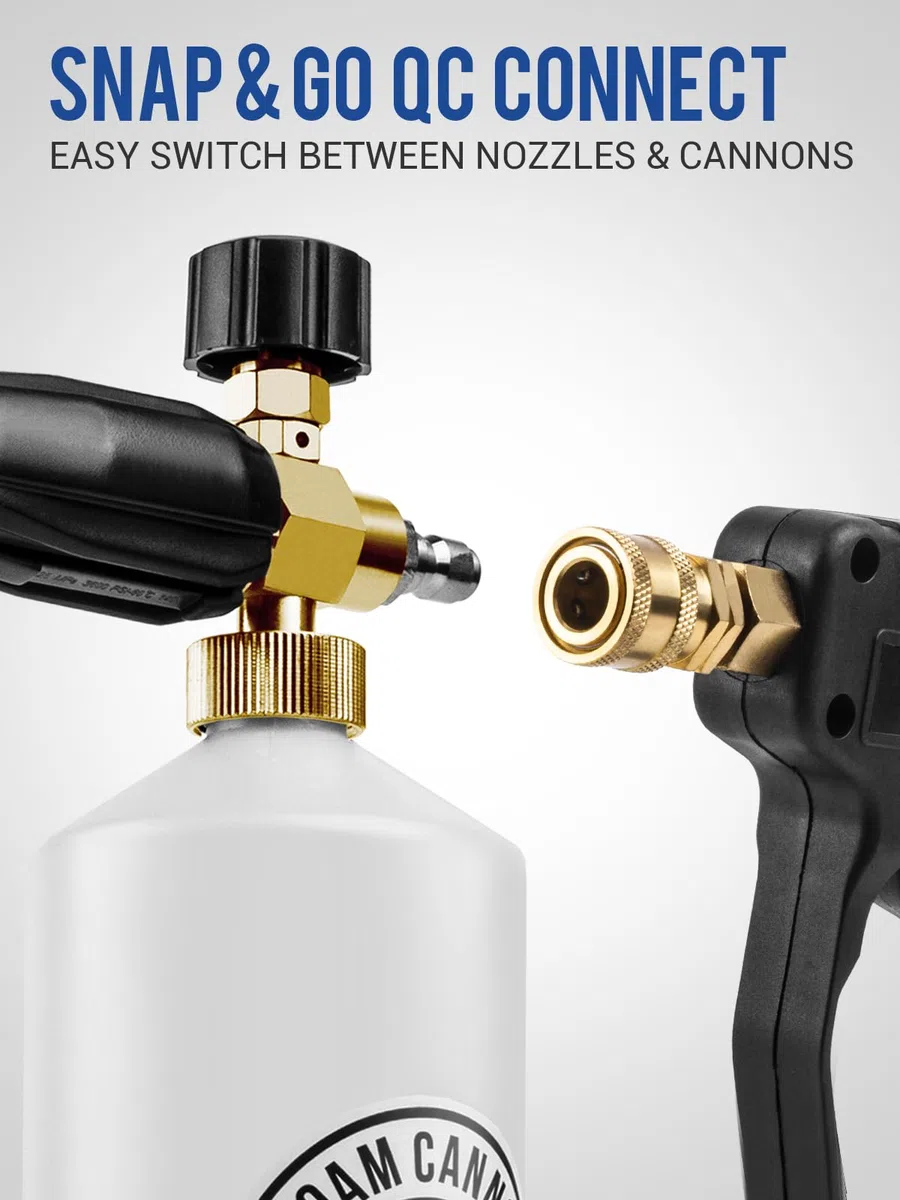 MEKOH Cañón de espuma ajustable de 1 litro con conector rápido de 1/4 pulgadas, 5 boquillas de lavado a presión para limpieza de detalles de coche, color blanco