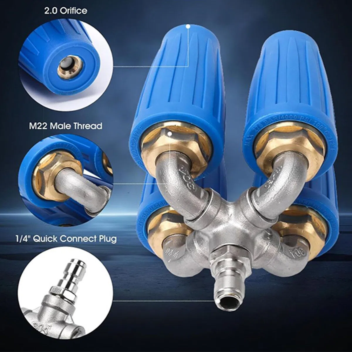 Boquilla turbo para lavadora a presión 4 en 1 Boquilla de limpieza de alta presión giratoria de 360 ​​grados con conector rápido para vehículos exteriores de edificios Acero