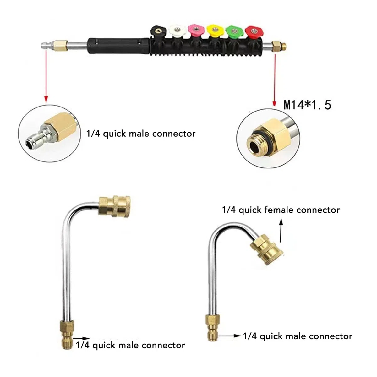 Marhynchus Kit de Varilla de Extensión para Lavadora a Presión, 6 Puntas de Boquilla con 3 Varillas Curvas, Forma de U de 30 a 90 Grados para Limpieza de Esquinas de Suelo, Canalones,