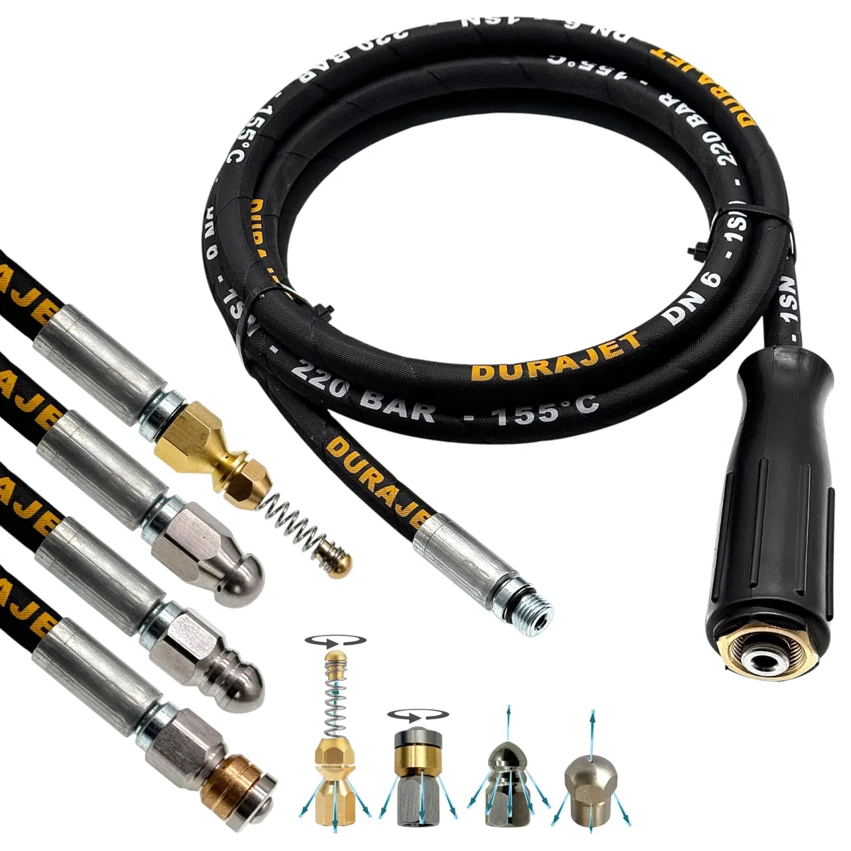 M&M Smartek manguera desatascadora 12 m 4 boquillas, para Kärcher, 220 bar | Kit desatascador con manguera, adaptadores y boquillas según variante; comprobar conexiones, presión, contenido y equipo.