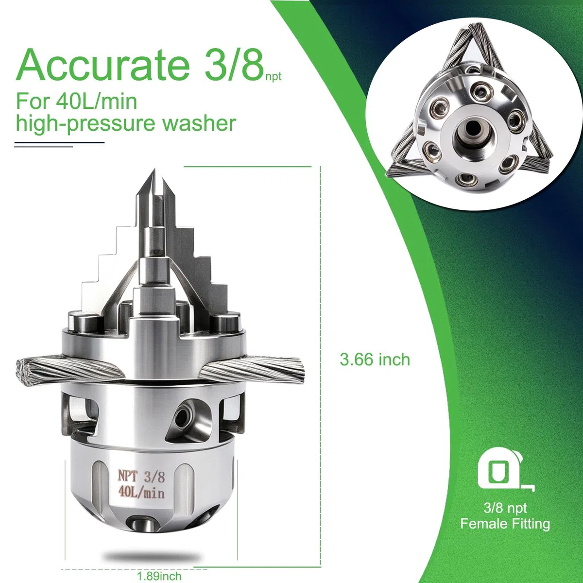 Boquilla giratoria de chorro de alcantarillado NPT de 3/8 – Cortar raíces, para lavadoras a presión de 2900 psi, 40 l/min (10.57 GPM), herramienta de limpieza de drenaje de acero inoxidable