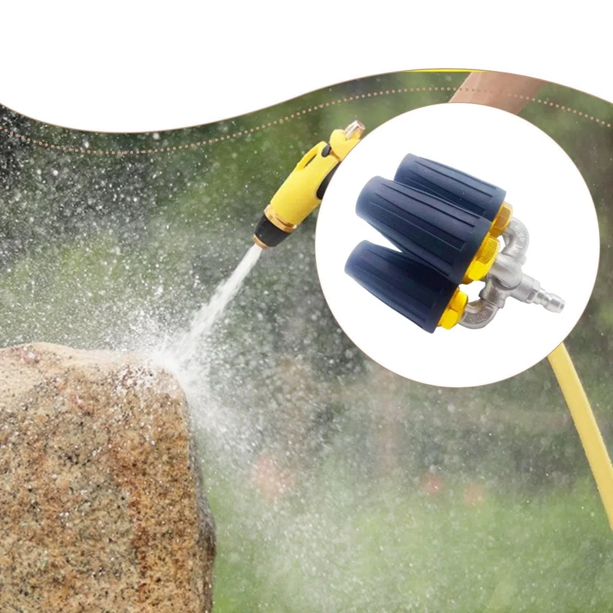 Cuádruple Giratoria para Hidrolimpiadoras con Conexión Rápida de 1/4". Fabricada en Acero Inoxidable Resistente, con Chorro de Pulveriza, Negro