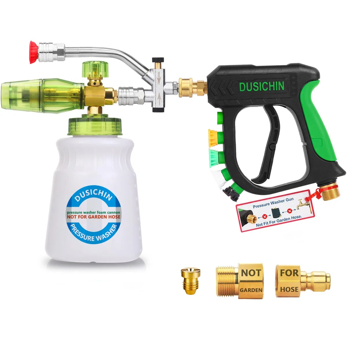 DUSICHIN Pistola de lavado a presión corta, boquilla de cañón de espuma de doble conector, kit de cañón de espuma de lavado de coche, conector rápido de 1/4 pulgadas, 5 puntas de boquilla de lavado a