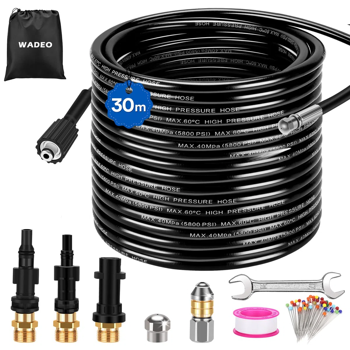 WADEO Juego de manguera de limpieza de tuberías 30M 400 bar para hidrolimpiadoras Kärcher de las series K2-K7 y Bosch Lavor, 5800 PSI, con adaptador M22 y boquillas fijas + giratorias