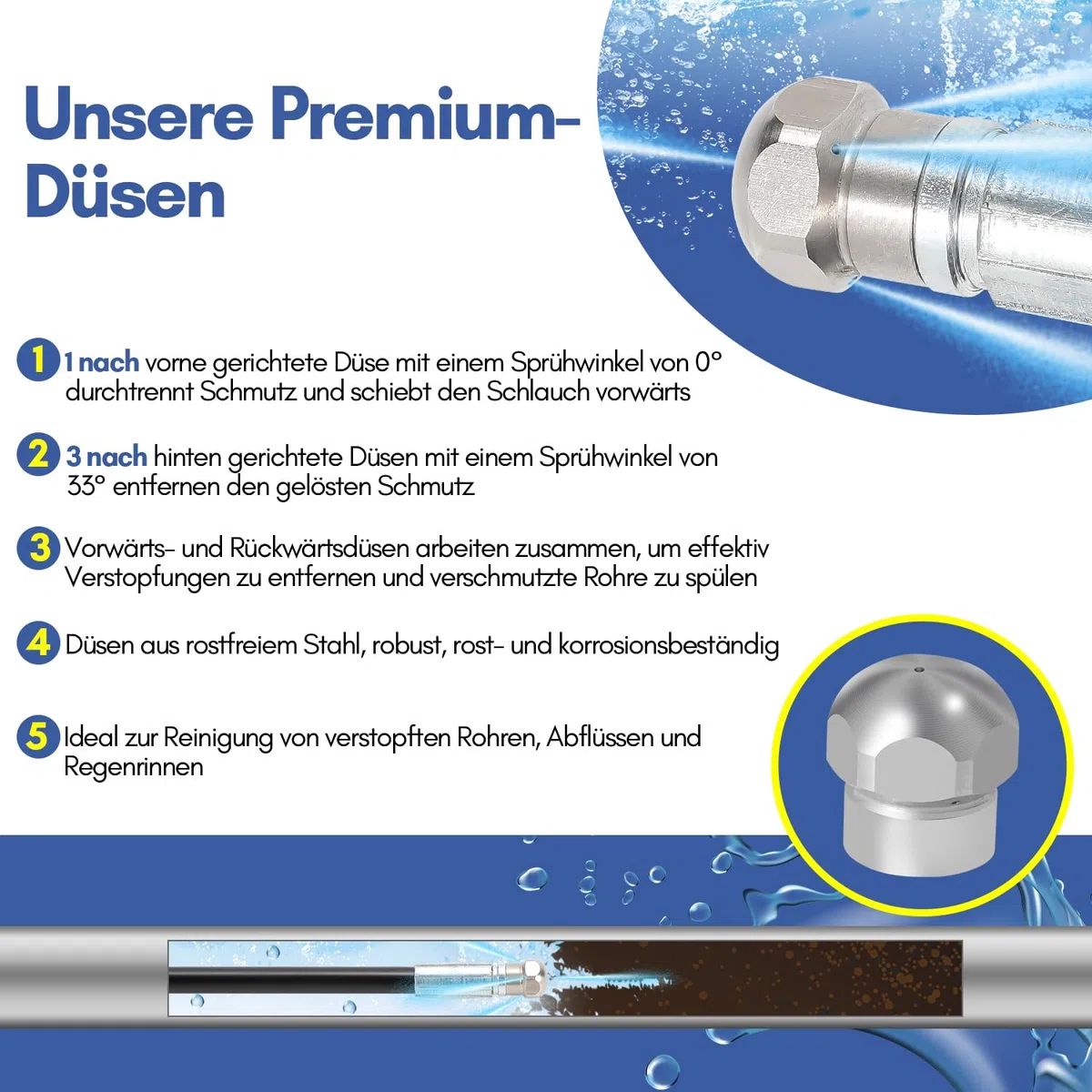 Daromigo Manguera de limpieza de tuberías Premium 20M, 3 adaptadores 2 boquillas, con K2, K3, K4, K5, K6, K7, LAVOR, Bosch, limpiador de tuberías de alta presión para la limpieza de tuberías de