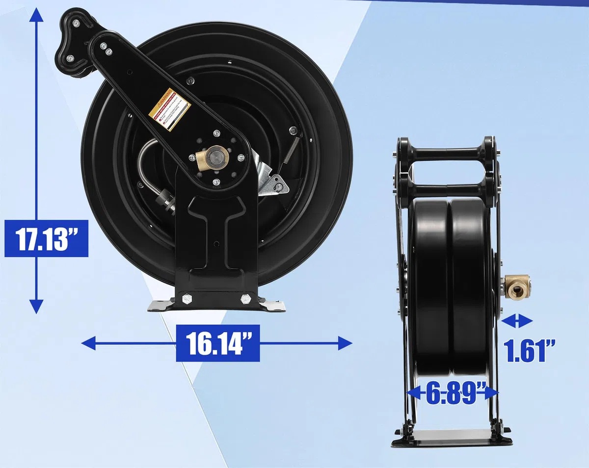 Carrete retráctil de manguera de lavado a presión, carrete de manguera profesional de acero resistente, doble brazo de 50 pies x 3/8 pulgadas con cable de 5 pies para agua/aire/aceite, 4000 PSI