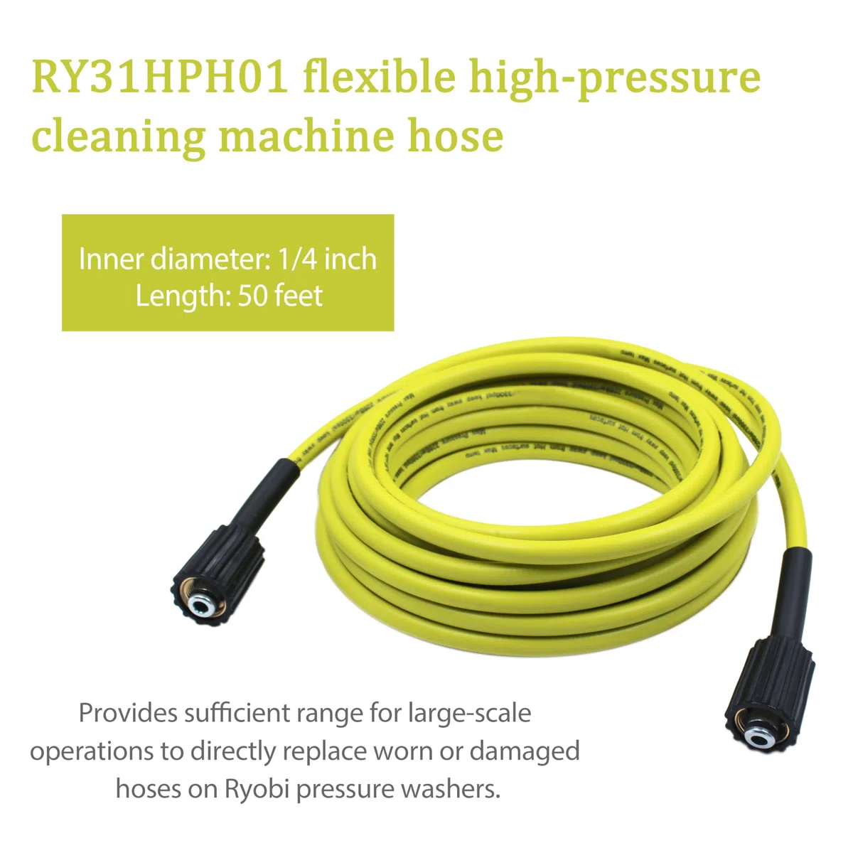 RY31HPH01 - Manguera flexible para lavadora a presión de 50 pies para repuesto de lavadora eléctrica Ryobi, manguera de repuesto resistente a torceduras de 1/4 pulgadas x 50 pies