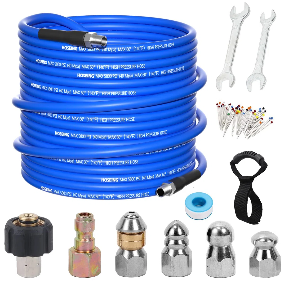 Kit de chorro de alcantarillado de 100 pies para lavadora a presión, 5800 PSI limpiador de drenaje de chorro de agua, manguera de botón giratorio de esquina, boquilla de chorro de alcantarillado NPT
