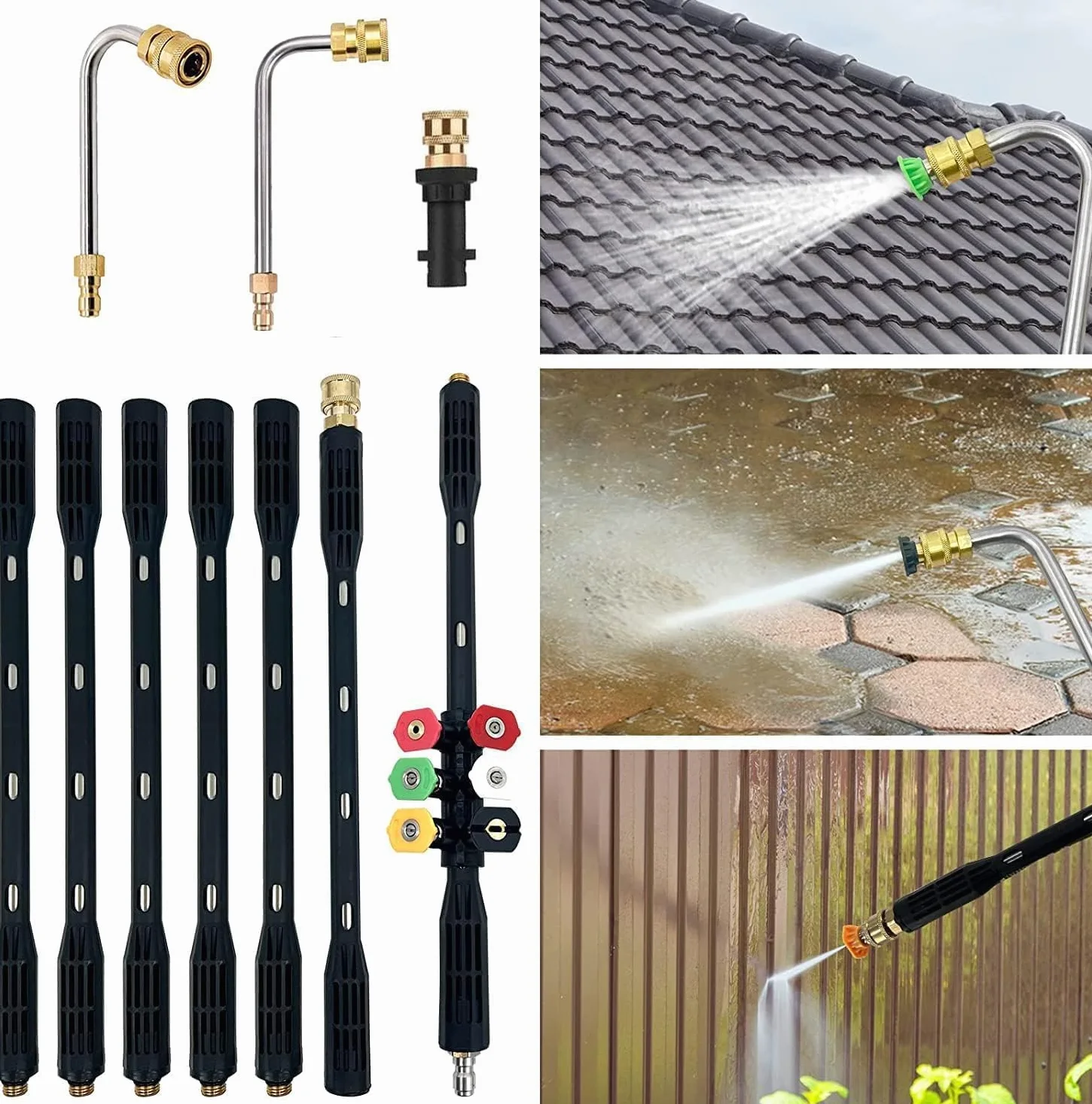 Juego de 9 varillas de extensión para limpiador de alta presión, limpiador de canalones con 5 boquillas, 4000 psi, conexión rápida de 1/4 pulgadas, adaptador Karcher