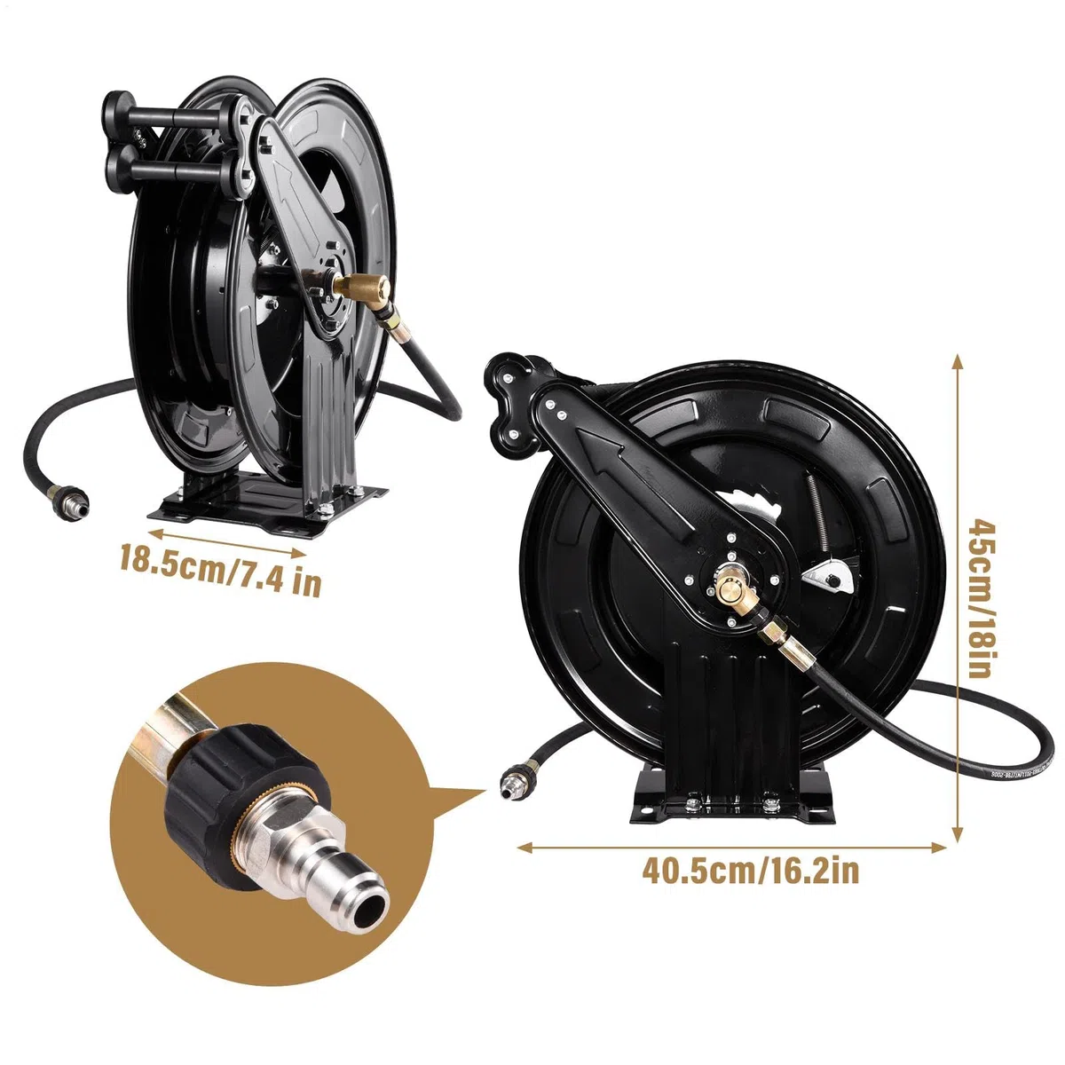 Enrollador De Manguera Para Hidrolavadora Resistente 4000 PSI Rebobinado | Manguera 15 mm X 15 m Brazo Doble Acero Alta Presión Montaje Pared Techo Suelo Para Riego Coche Mascotas Patio
