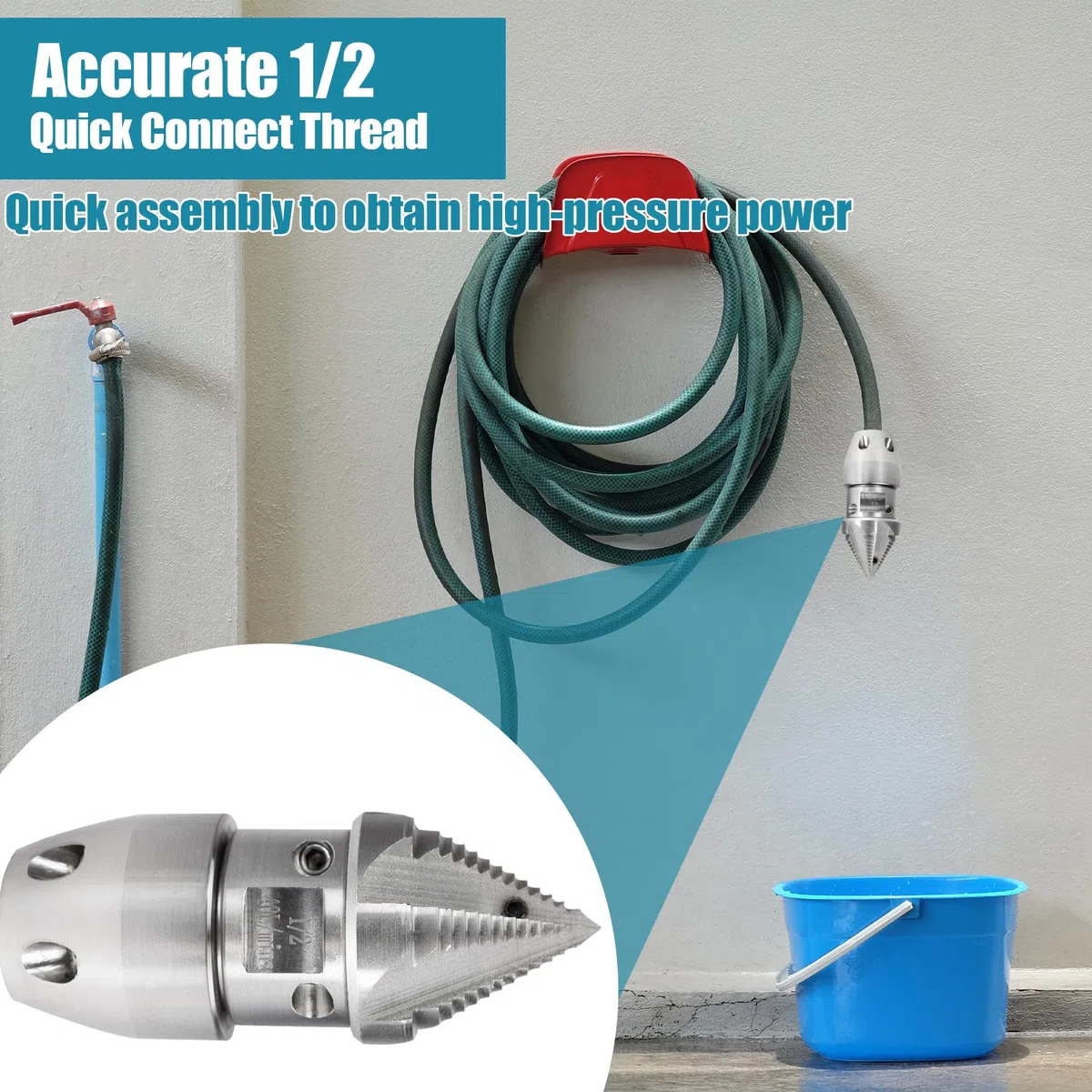 Bghdas Boquilla giratoria de chorro de alcantarillado NPT de 1/2, acero inoxidable, boquilla de limpieza de tuberías de drenaje para limpieza de lavadora a presión de 40 l/min (cabeza plateada)