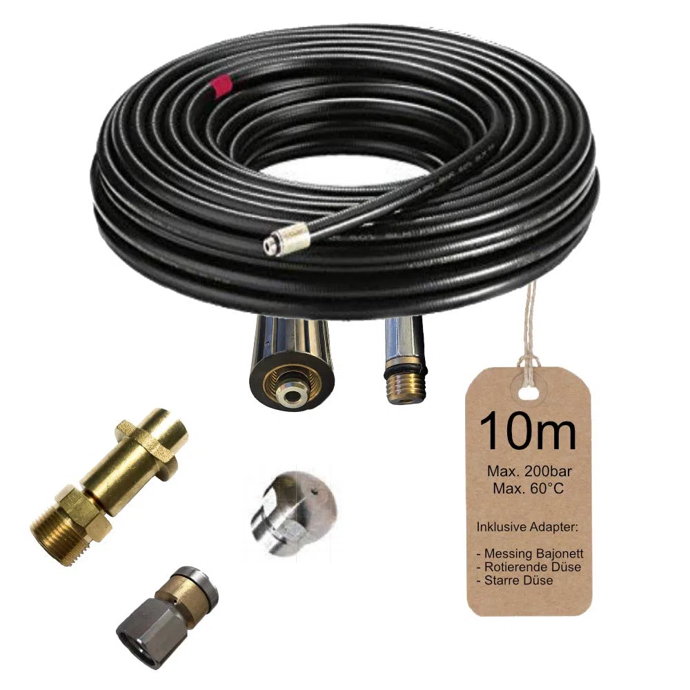 M&M Smartek manguera limpieza tuberías 10 m para Kärcher, 200 bar, bayoneta | Manguera flexible para desatascar tuberías y desagües; comprobar conexión, longitud, boquillas y presión antes de usar.