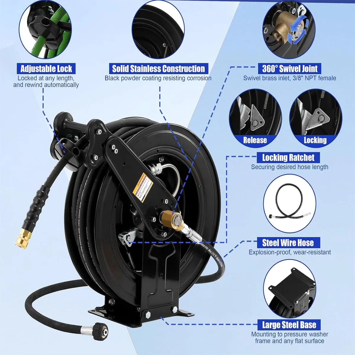 Carrete De Manguera para Hidrolavadora De Acero Resistente, Carrete De Manguera para Hidrolavadora Retráctil Automático, para Agua/Aire/Aceite