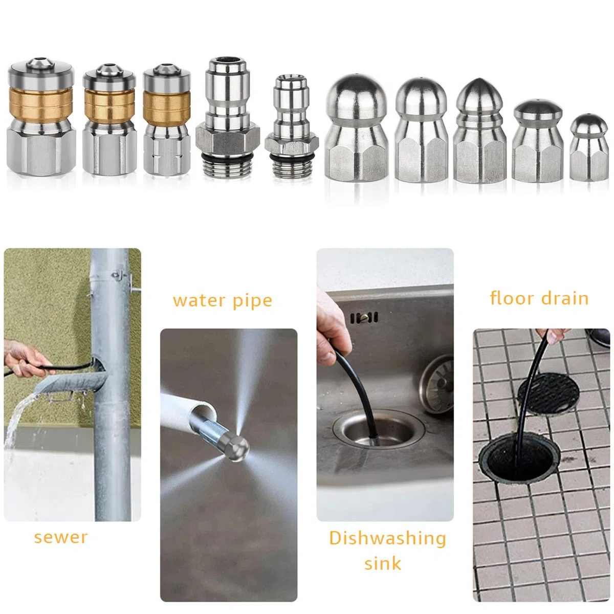 Boquilla Limpiadora de Alcantarillado con Puntas y Conectores | Kit de 10 boquillas desatascadoras para chorreadora de alcantarillado para Baño, Hogar, Cocina, Garaje, Parking y Suelos